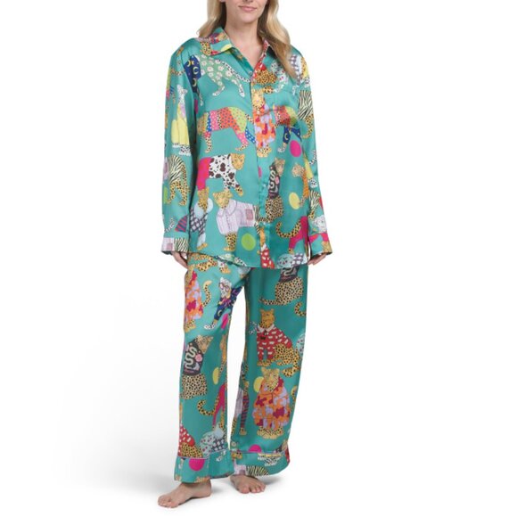 KAREN MABON Green 2pc Leopards Cant Change Their Sports Pajama Set